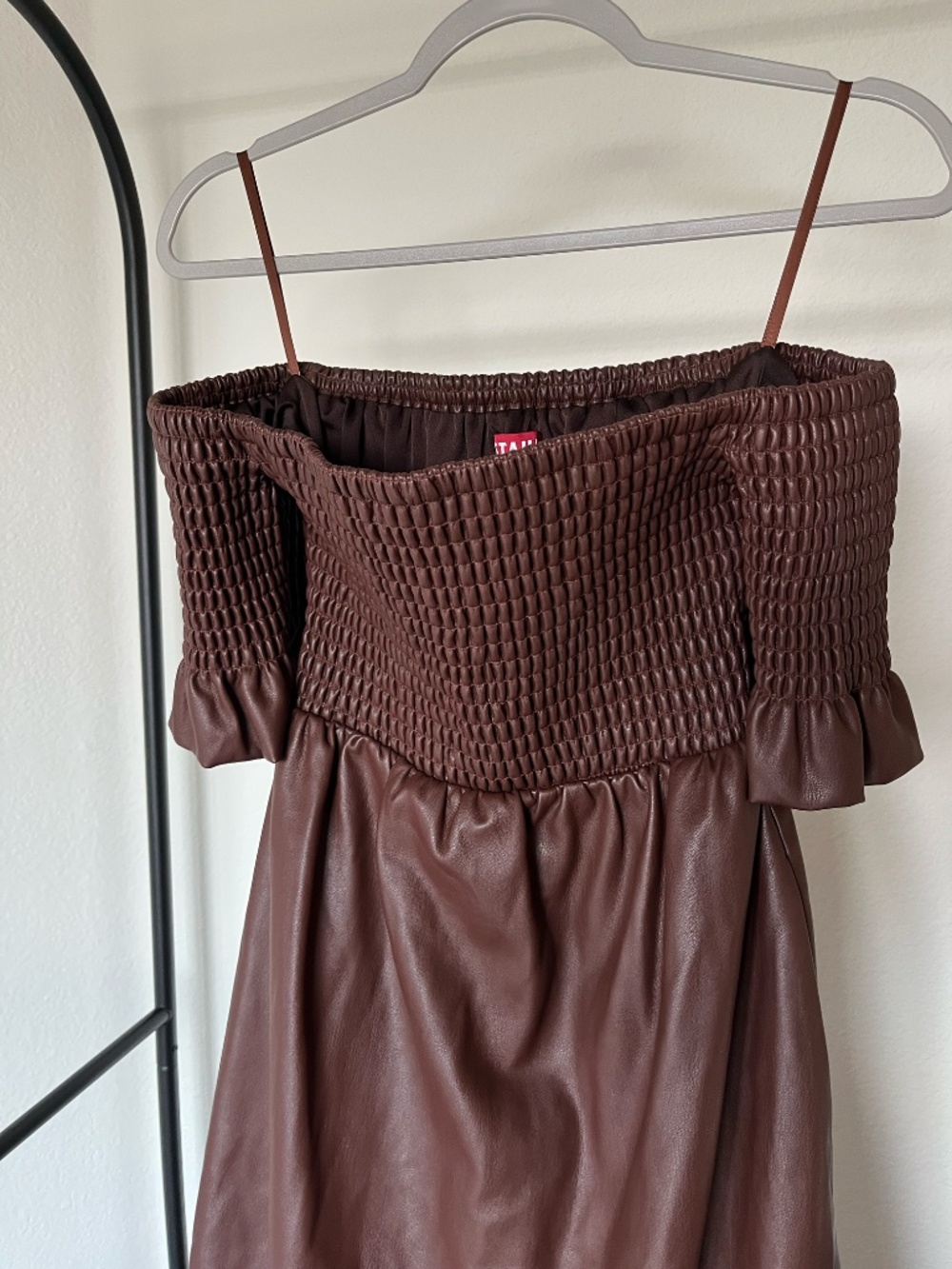 STAUD | Mae Off-The-Shoulder Vegan Leather Maxi Dress in Bark | Size XS - Picture 7 of 12